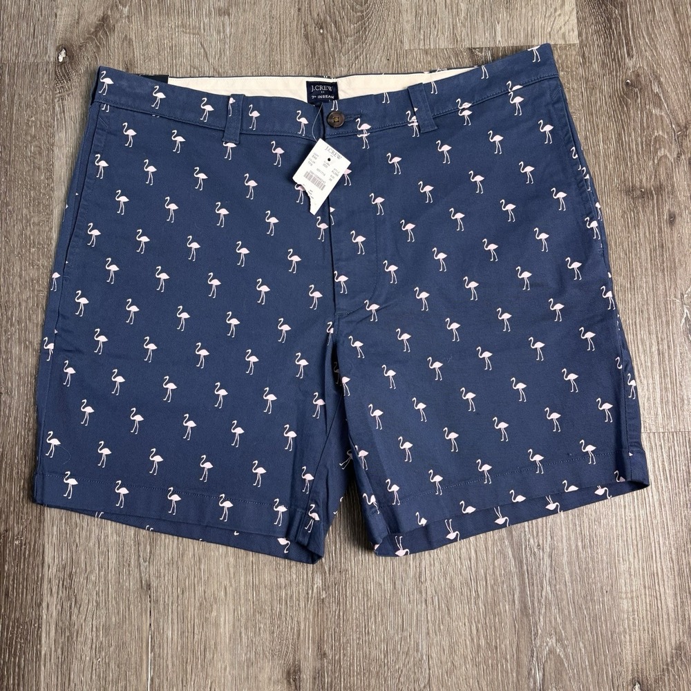 J Crew Men's 7" Navy Pink Flamingo AOP Sz 36 Chino Shorts NWT